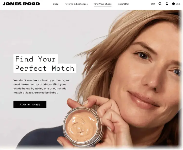 Jones Road's "Find Your Shade" landing page