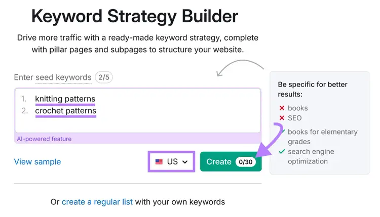 Keyword Strategy Builder showing seed keyword inputs and guidance on specificity.