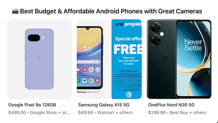 ChatGPT Google Shopping carousel showing Pixel 9a, Galaxy A15, and OnePlus Nord phones