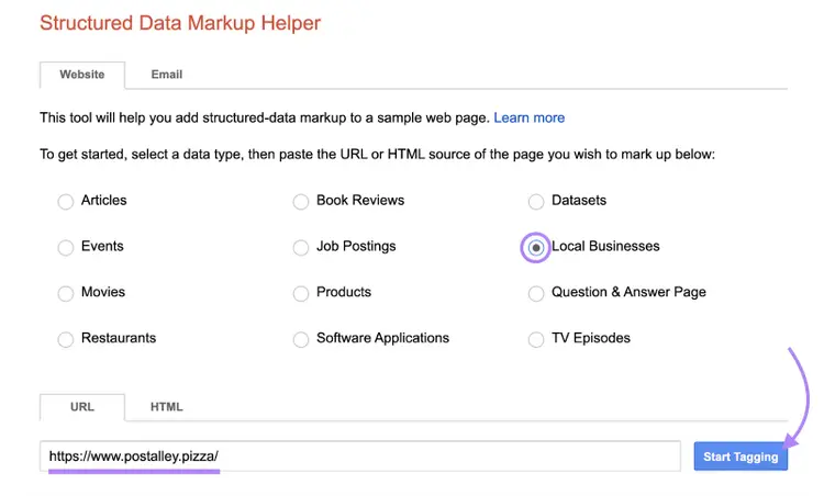 local business is entered into the structured data markup helper