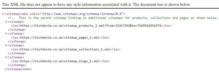 Hiut Denim’s Shopify XML sitemap