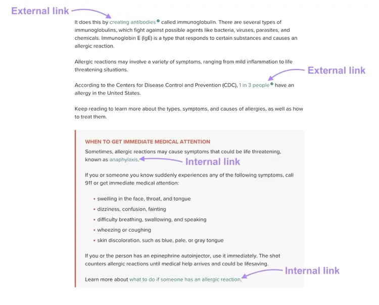 The different external and internal links highlighted on a pillar page by Healthline.