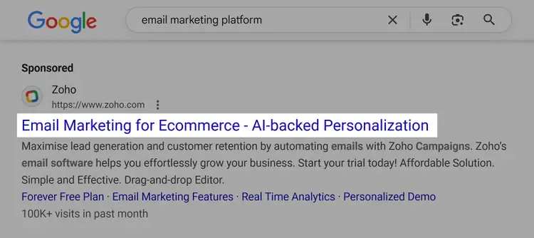 Google ad headline highlighted for "email marketing platform" search ad.