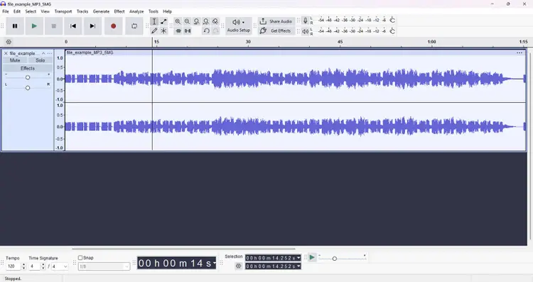 Audacity audio editor displaying a stereo waveform with playback controls and editing tools.