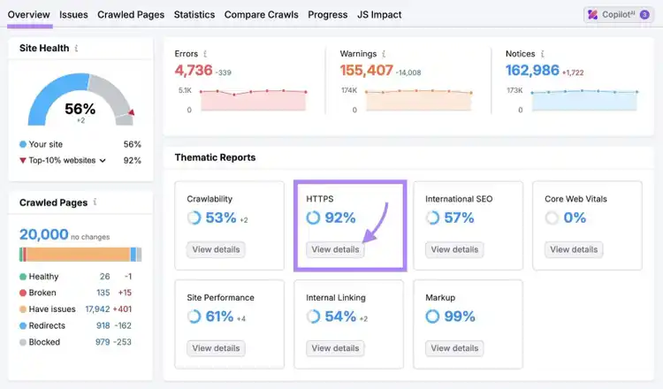 Site Audit Overview with "View details" under "HTTPS" clicked.