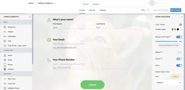 Web form builder editor with fields for name, email, phone, and submit button