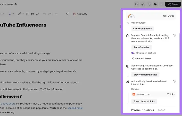 AI-optimization tools like Auto-Optimize, Explore missing facts, Insert internal links, etc. highlighted on the right-hand side of SurferSEO.