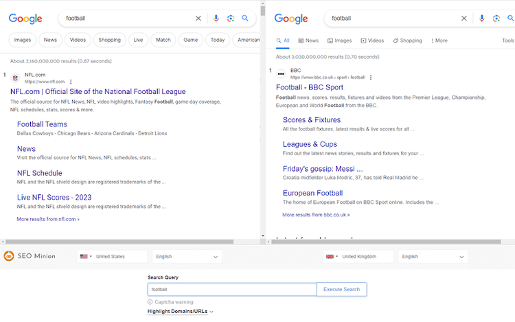 Google search results for football from US and UK with SEO Minion location simulator