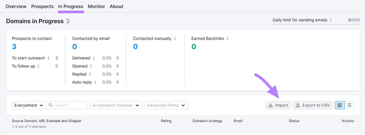 “In Progress” tab in Link Building Tool