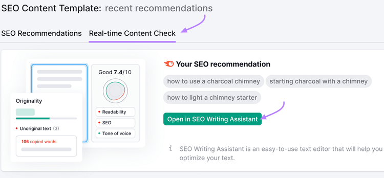 SEO Content Template tool showing a list of SEO recommendations and a green button "Open in SEO Writing Assistant."