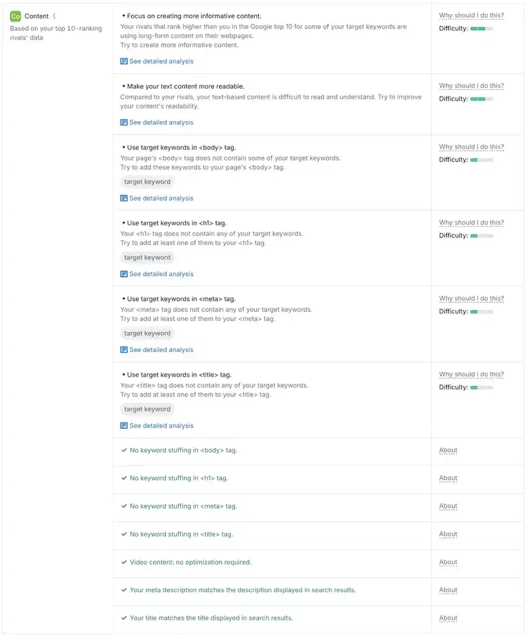content optimization ideas by On Page SEO Checker, including "Focus on creating more informative content."