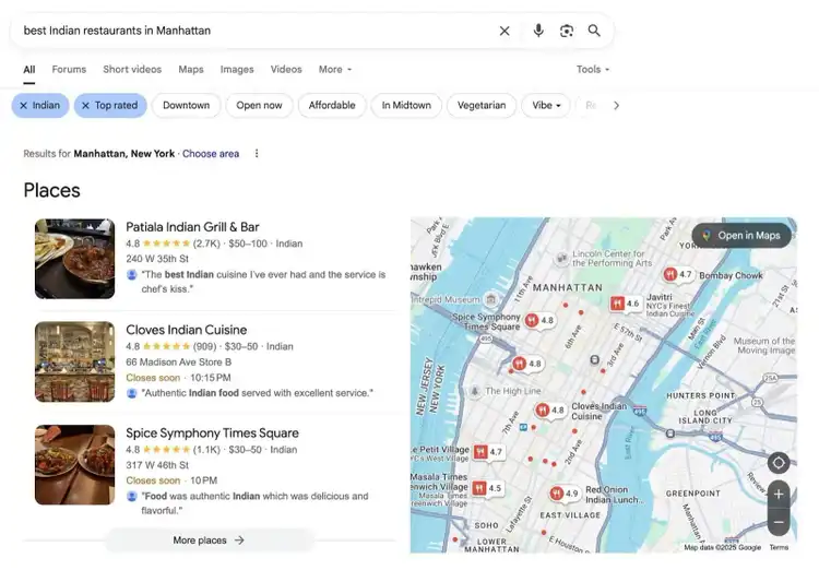 The top three local search results for “best Indian restaurants in Manhattan” on Google.