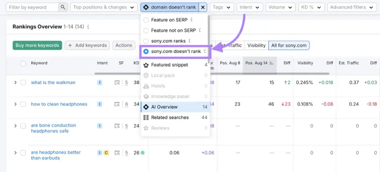 The Rankings Overview report is filtered by domain doesn't rank for AI Overviews.