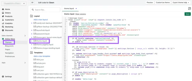 where to find <head> section of the theme.liquid layout file for robots meta tags in Shopify