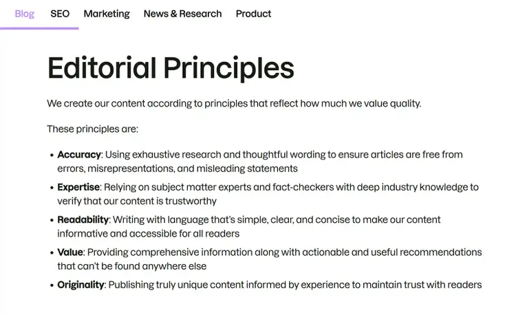 Semrush Editorial Principles page listing accuracy, expertise, readability, value, and originality
