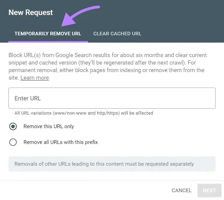 “Temporarily Remove URL” tab