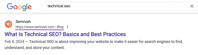 The breadcrumb path in this organic listing is https://www.semrush.com, blog.