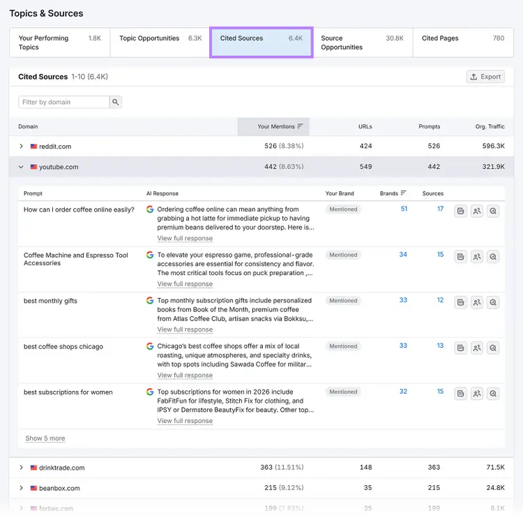 Cited sources dashboard showing external domains most referenced in AI-generated responses