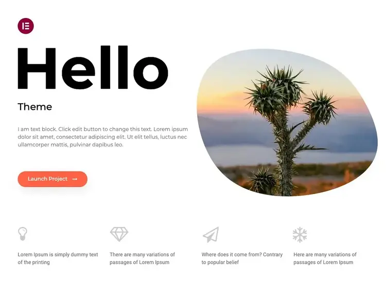 Hello Elementor WordPress theme showcase with sunset palm tree image and feature icons