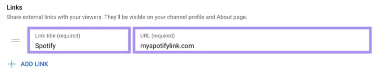 "Spotify" and "myspotifylink.com" entered under "Links" section in “YouTube Studio