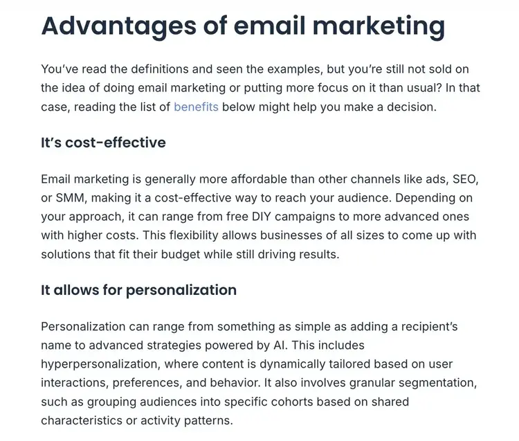 Concise, value-dense text snippets on a pillar page by Mailtrap.