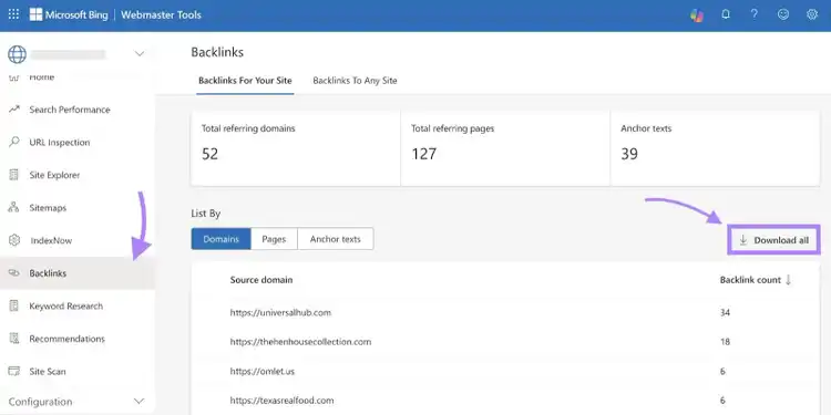 "Backlinks" report on Bing Webmaster Tools with the "Download all" button highlighted.