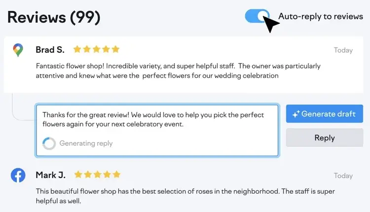 Review Management tool generating a response to a Google review using AI.