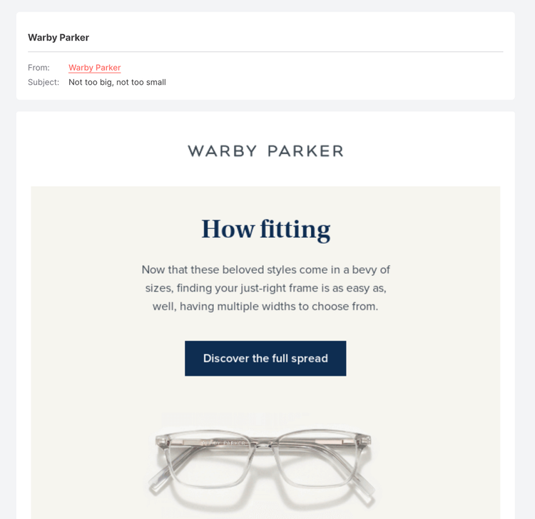Warby Parker email shows new frame sizes to fit all faces