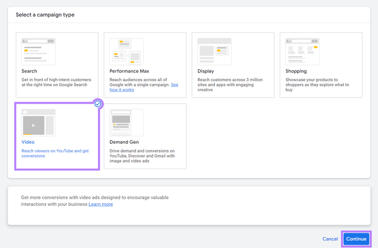 "Video" set as the campaign type in Google Ads