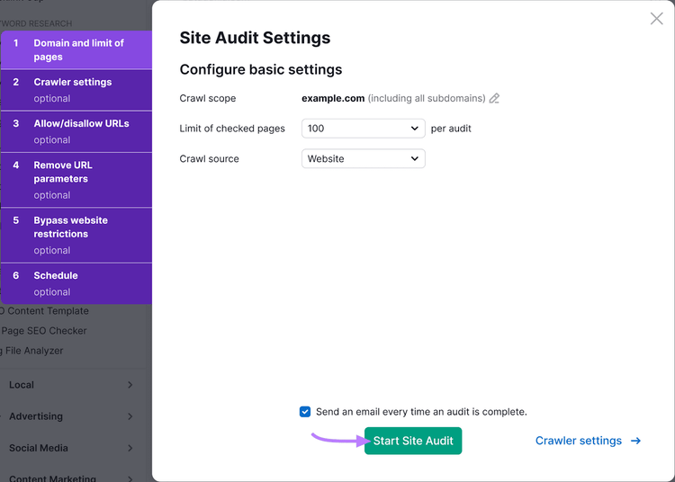 Site Audit Settings with options to configure basic settings and an arrow pointing to a green "Start Site Audit" button.