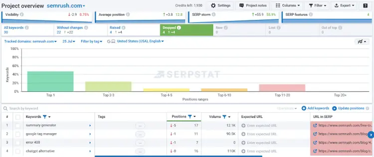 Project overview shows keywords in the top spot, top 2-3, and so on as well as a keyword ranking table.