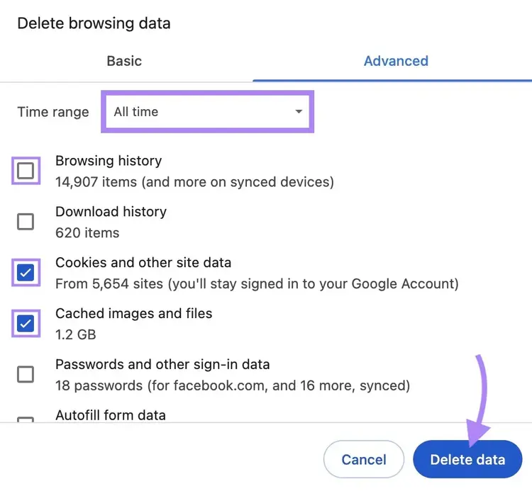 The "Delete browsing data" window on Chrome with "Delete data" clicked.