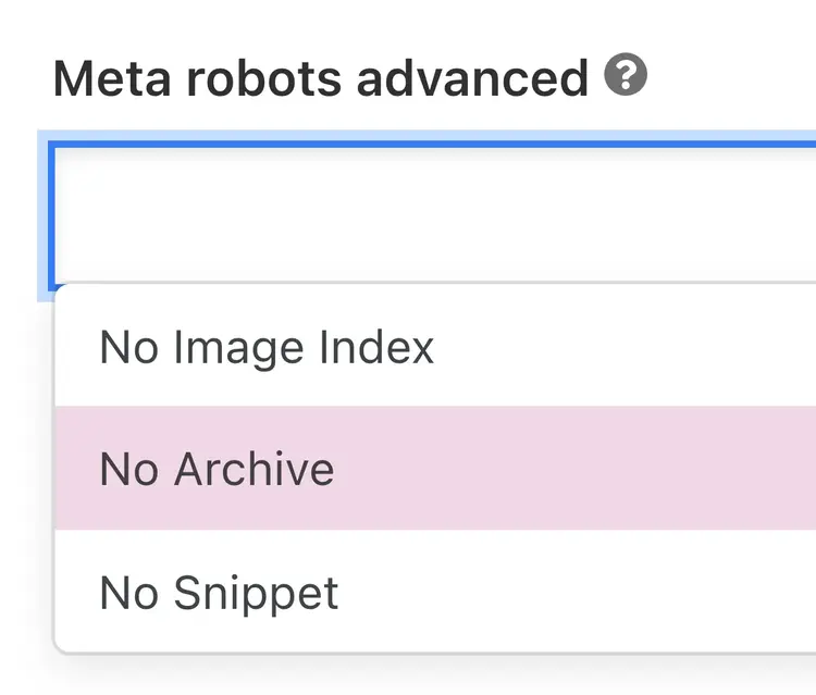 Yoast SEO Meta robots advanced dropdown showing options for No Image Index, No Archive, and No Snippet controls