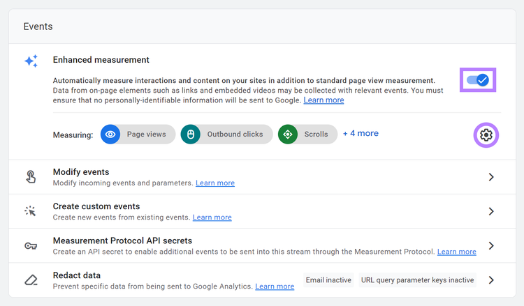 Google Analytics data stream settings with enhanced measurement toggle highlighted.