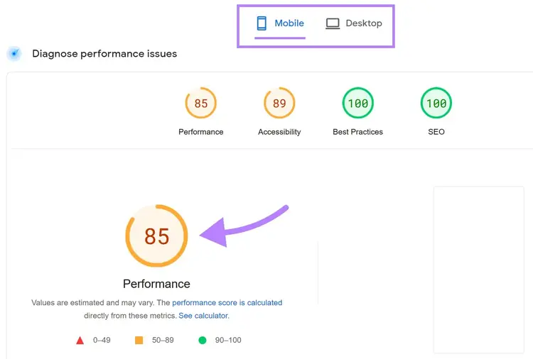 "Mobile" tab in PageSpeed Insights report shows a mobile-friendliness score of 85