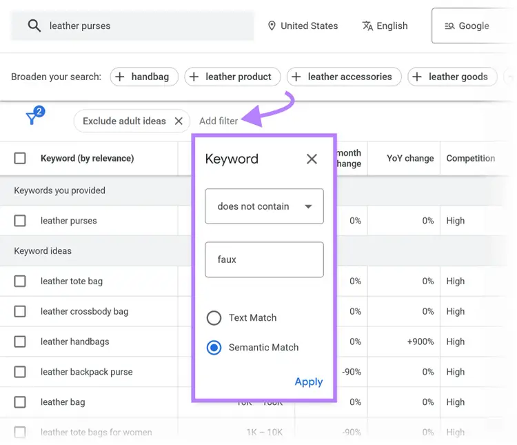 Google Keyword Planner filter panel showing keyword exclusion with semantic match applied