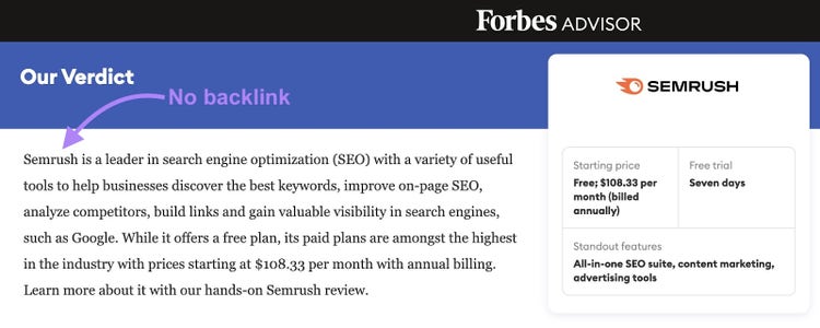 Screenshot: Forbes Advisor Semrush review showing pricing starting at $108.33/month and features