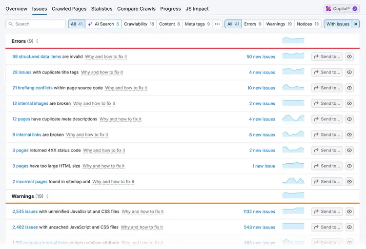 Issues report view with filters for AI Search, Crawlability, Content, and Meta tags.