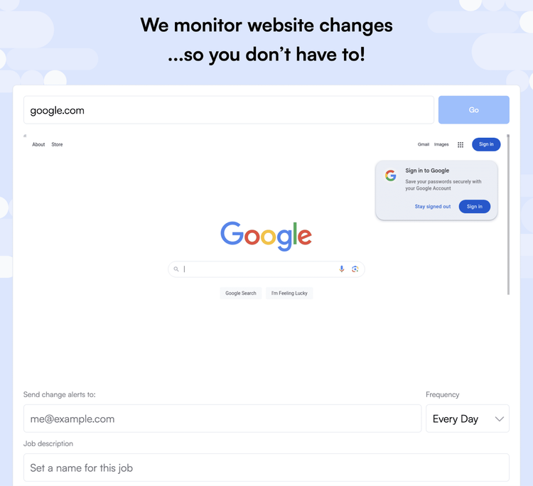 Visualping website monitoring setup showing Google homepage with email alerts