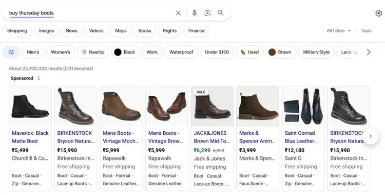 Google shopping ads appearing for “buy thursday boots" query
