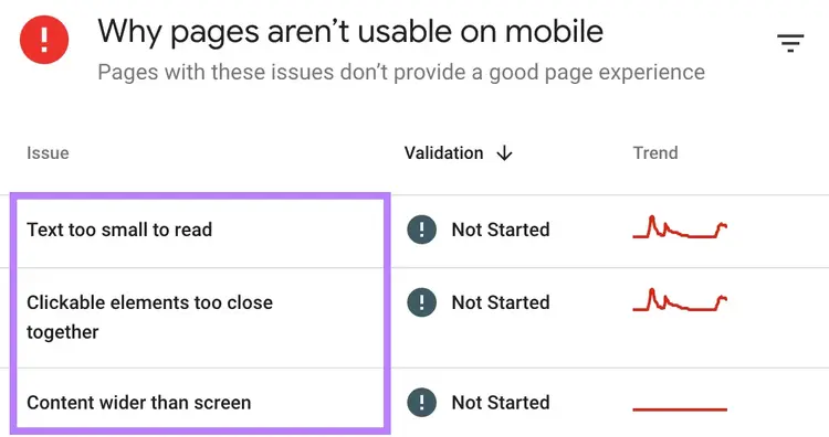 "Why pages aren't usable on mobile" section of “Mobile Usability” report