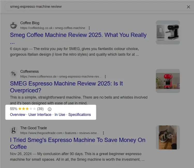 Google search results for Smeg espresso machine reviews