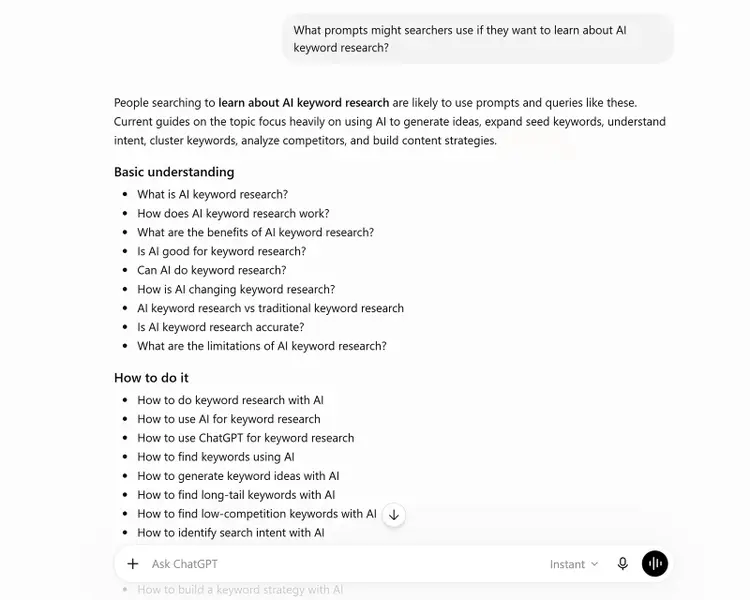 ChatGPT suggesting prompts people might use to learn about and perform AI keyword research