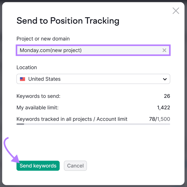 "Send to Position Tracking" pop-up window