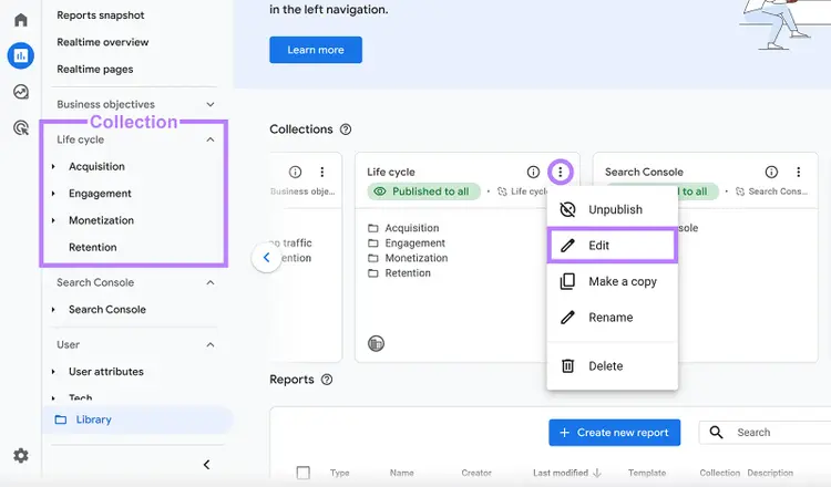 Collection annotated in Analytics dashboard menu, three dots icon clicked for a collection, and Edit option in popup options highlighted