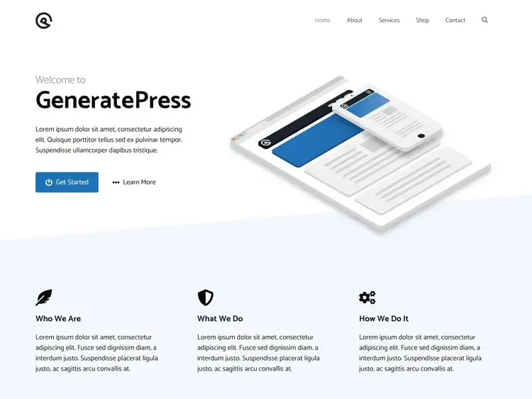 GeneratePress WordPress theme homepage with Welcome to GeneratePress and mobile mockup illustration