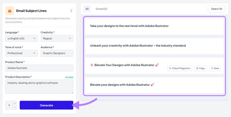 Email subject lines generated in the tool