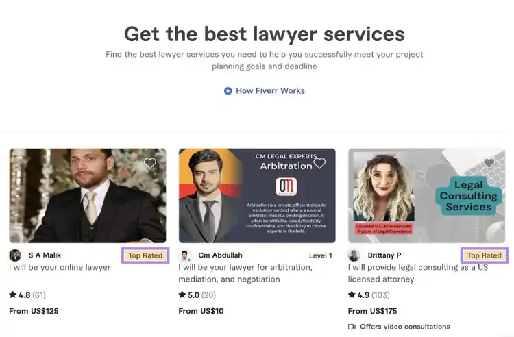 The "Top Rated" tag highlighted for service providers on Fiverr.