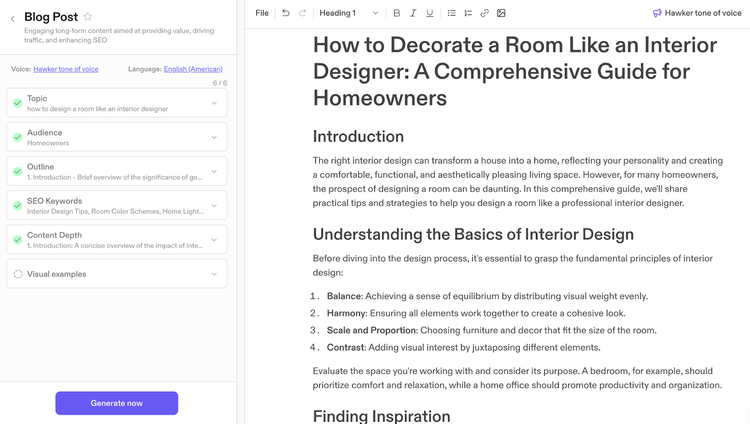 Jasper: Generating an article