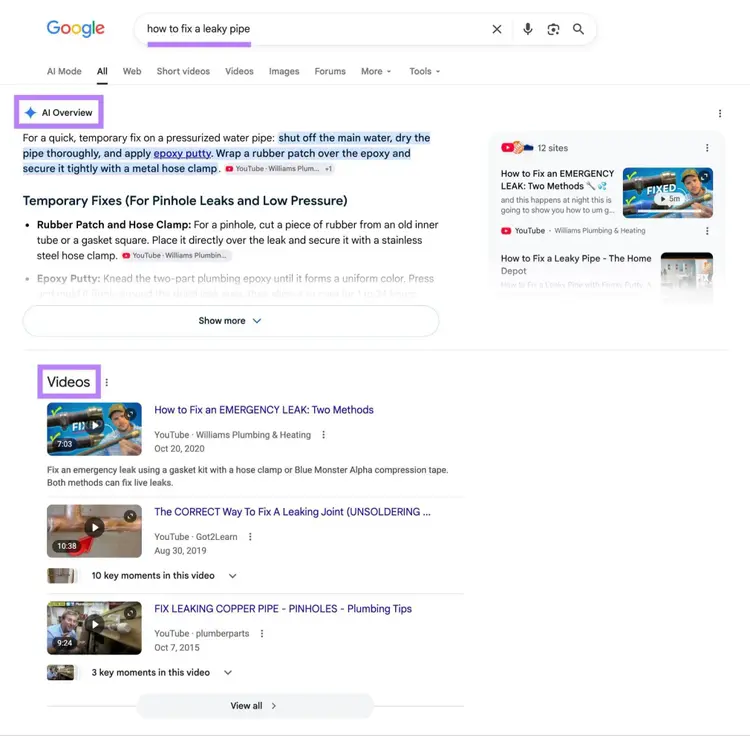 Google SERP for the term "how to fix a leaky pipe" showing an AI Overview on top followed by video results.